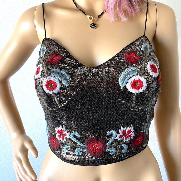 Embroidered Sequin Crop Top Cocktail Party Top Shiny Gold Crop Top Festival Glam - Picture 4 of 10